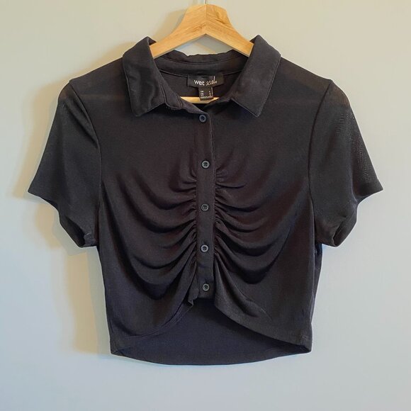 Sheer Black Button Up Stretch Polo Crop Top with Ruching and Collar Y2K Wet Seal - Picture 1 of 7